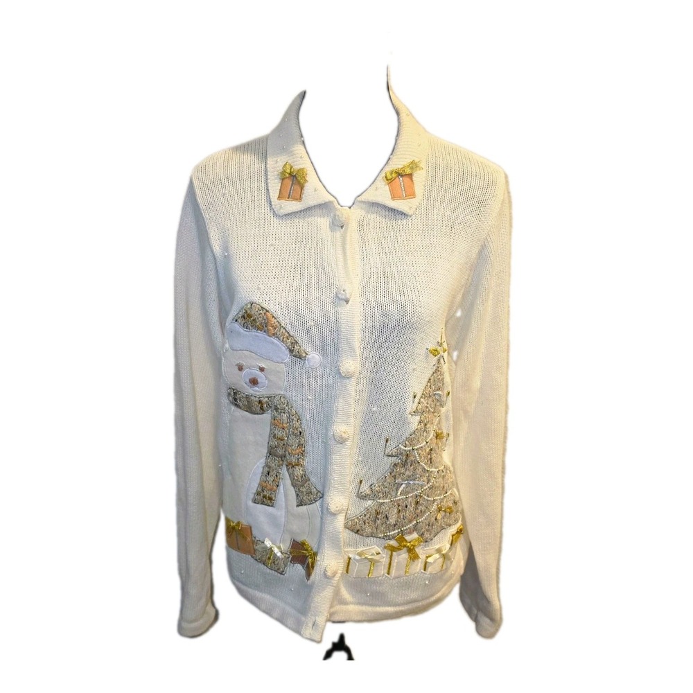 Victoria Jones Ivory Christmas Snowman Button-Front Cardigan Sweater Women's S